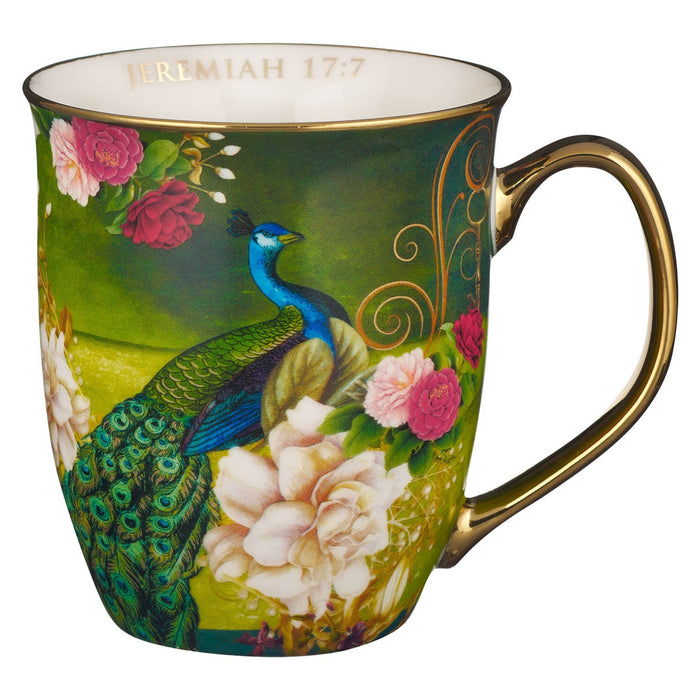 Blessed Peacock 14 oz Ceramic Coffee Mug - Jeremiah 17:7