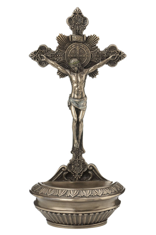 St. Benedict Crucifix Bronze Holy Water Font 9.5"