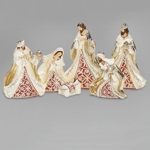 6 pc. Cream and Red 6.75"  Nativity Scene