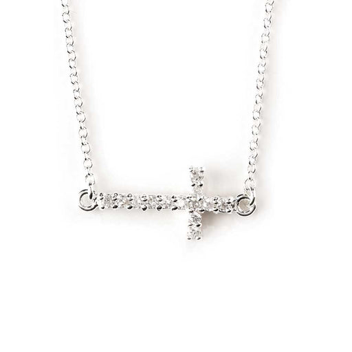 Cubic Zirconium Sideways Cross on 18" Chain - Sterling Silver