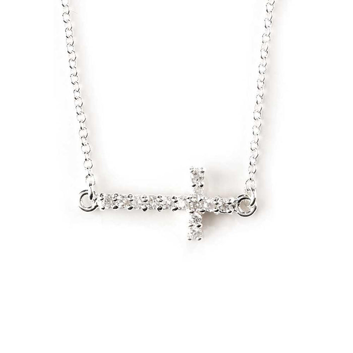Cubic Zirconium Sideways Cross on 18" Chain - Sterling Silver