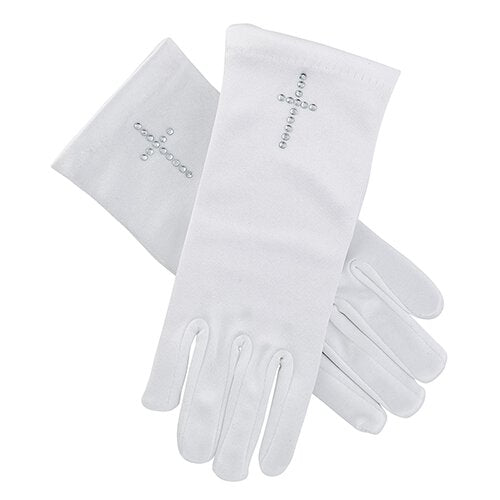 First Communion Satin Gloves W/ Pearl Cross