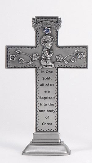 Baby Boy Standing Cross w/blue stone 5"