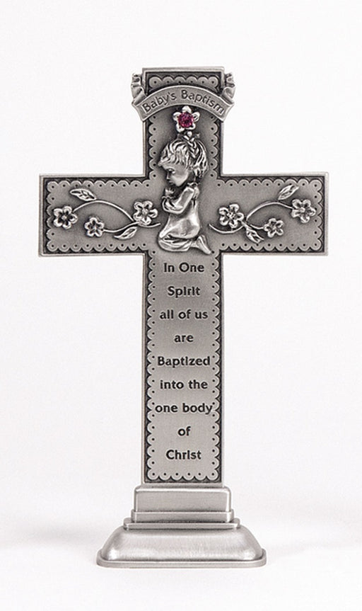 Baby Girl Standing Cross w/ Pink Stone 5"