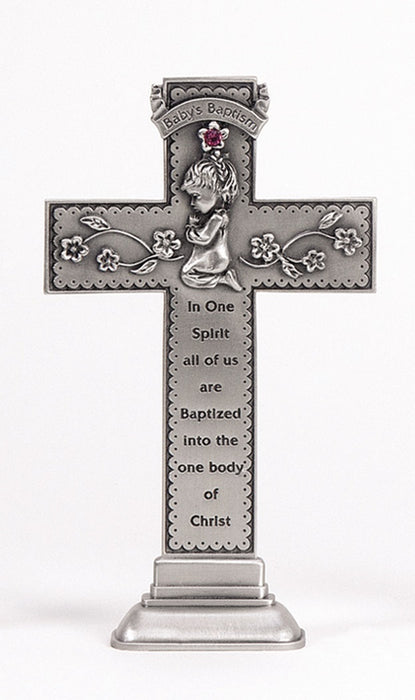 Baby Girl Standing Cross w/ Pink Stone 5"