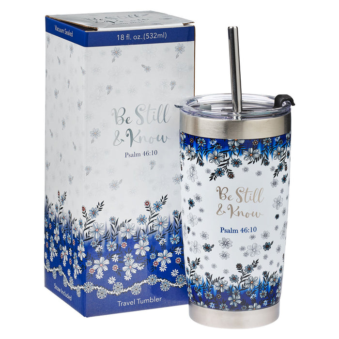 Be Still & Know Blue Floral Stainless Steel Tumbler with Reusable Stainless Steel Straw