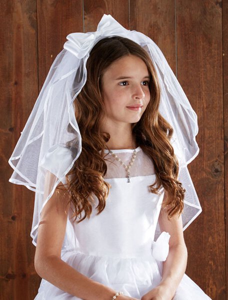 First Communion Veil w/ Satin Bow and Pearls
