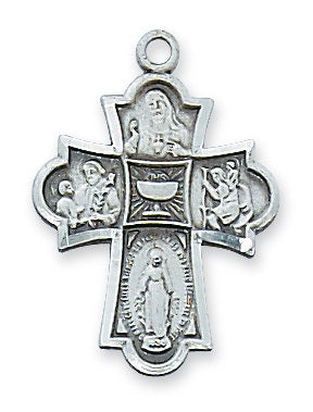 First Communion 4-Way Cross w/ 18" Chain - Sterling Silver