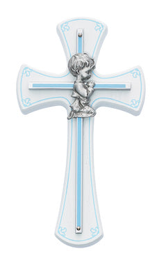 Praying Boy Cross on White Wood