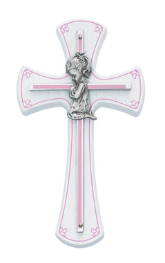 Praying Girl Cross on White Wood