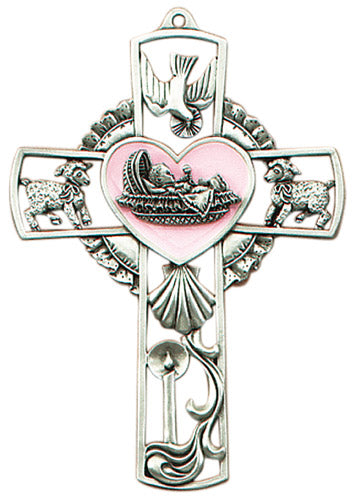 Pewter Baby Wall Cross - Pink