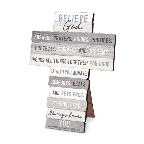Believe God Stacked Wood 5.75" Standing Cross
