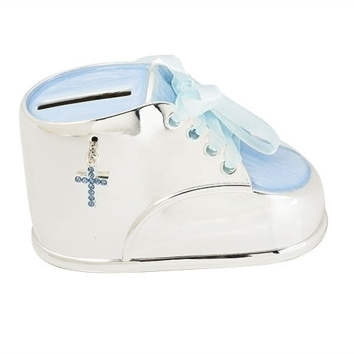 Blue Shoe Baby Bank w/ Cross