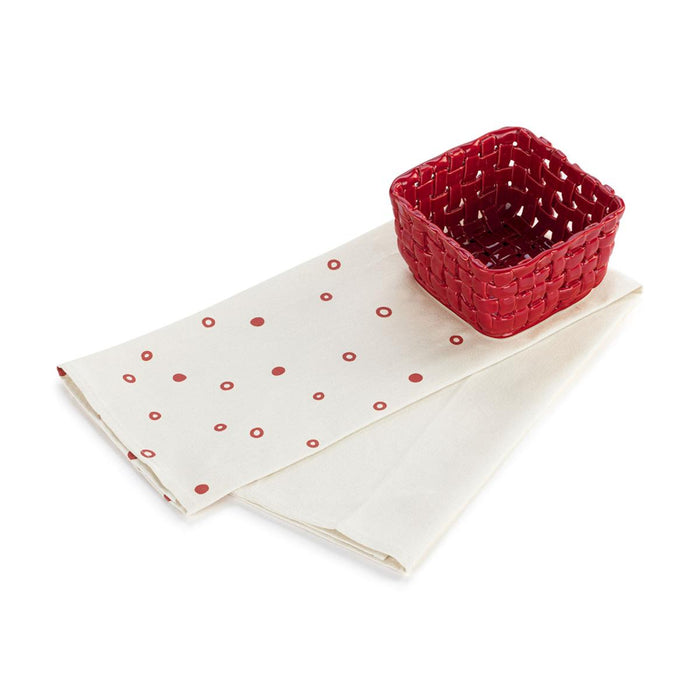 Red Ceramic Berry Dish with Towel