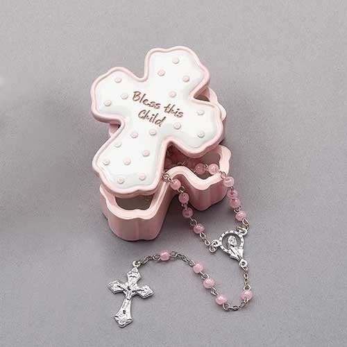 Bless this Child Cross Keepsake Box w/ Rosary (Pink)
