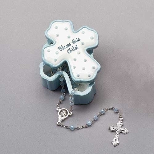 Bless this Child Cross Keepsake Box w/ Rosary (Blue)