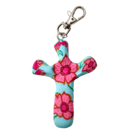 Pink Flower Garden Comforting Clay Cross Keychain