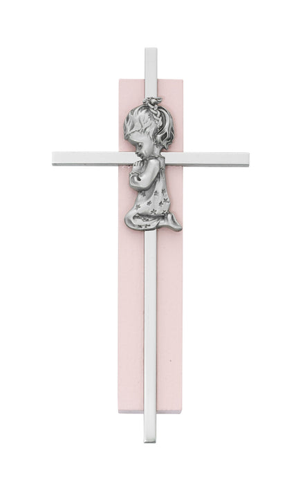 Girl Praying Silver Cross on Pink Wood 6"