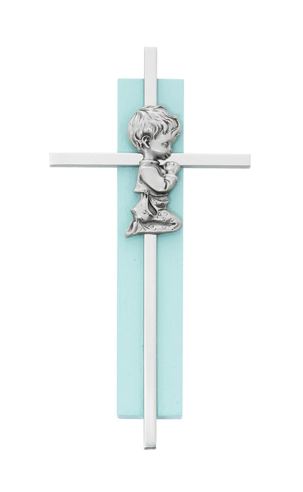Boy Praying Silver Cross on Blue Wood 6"