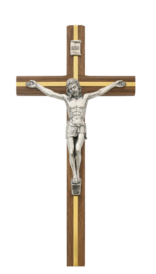Walnut Crucifix w/ Gold Detail 10"
