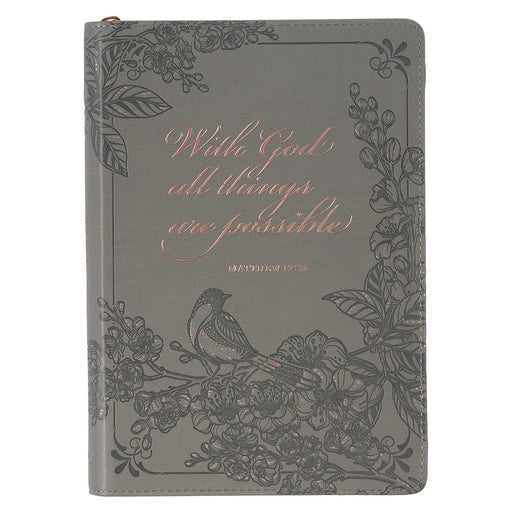 With God Gray Faux Leather Classic Journal with Zipper Closure - Matthew 19:26