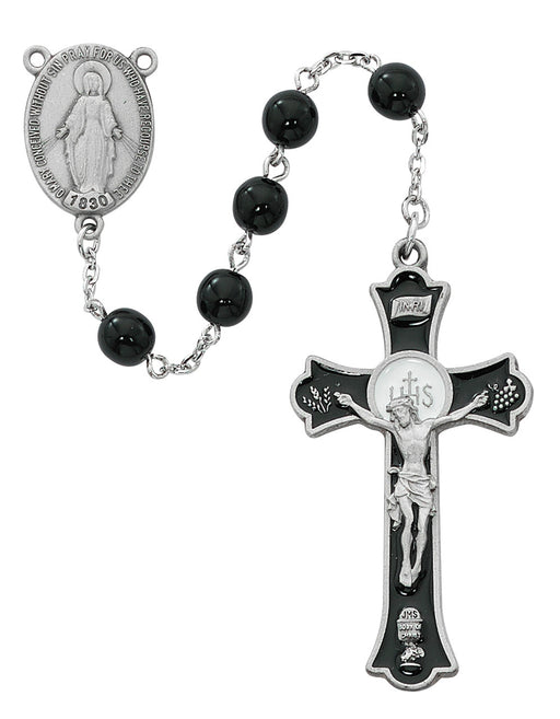 7mm Black Glass Rosary w/ Pewter Holy Mass Crucifix