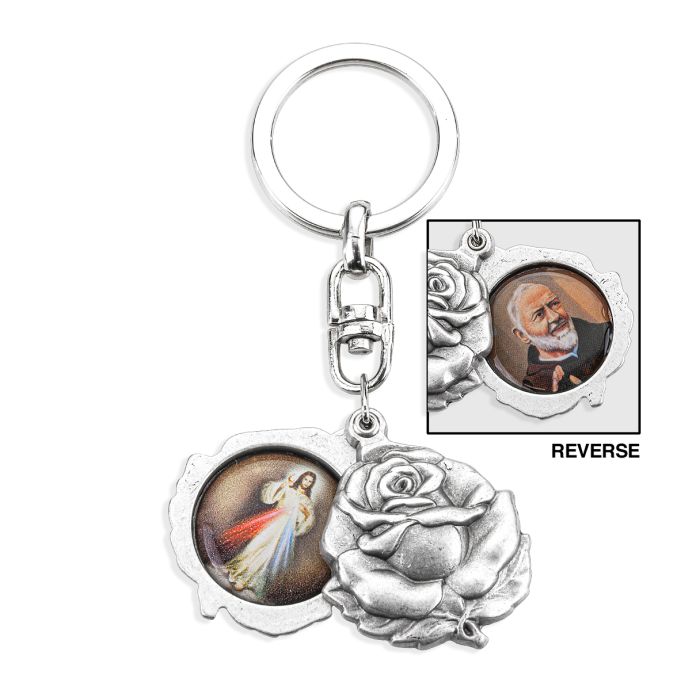 Divine Mercy and Padre Pio Rose Keychain