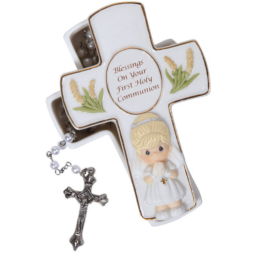 Precious Moments First Communion Girl Keepsake Cross Box w/ Rosary