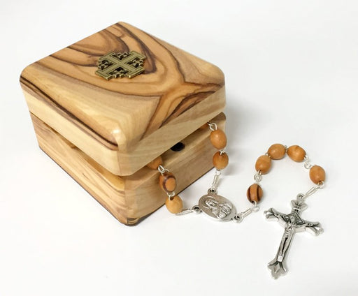 Olive Wood Rosary and Keepsake Box Set (Jerusalem Cross)