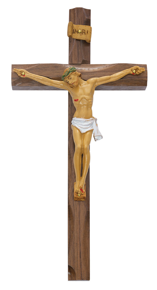 10" Carved Walnut Crucifix w/ Hand Painted Corpus
