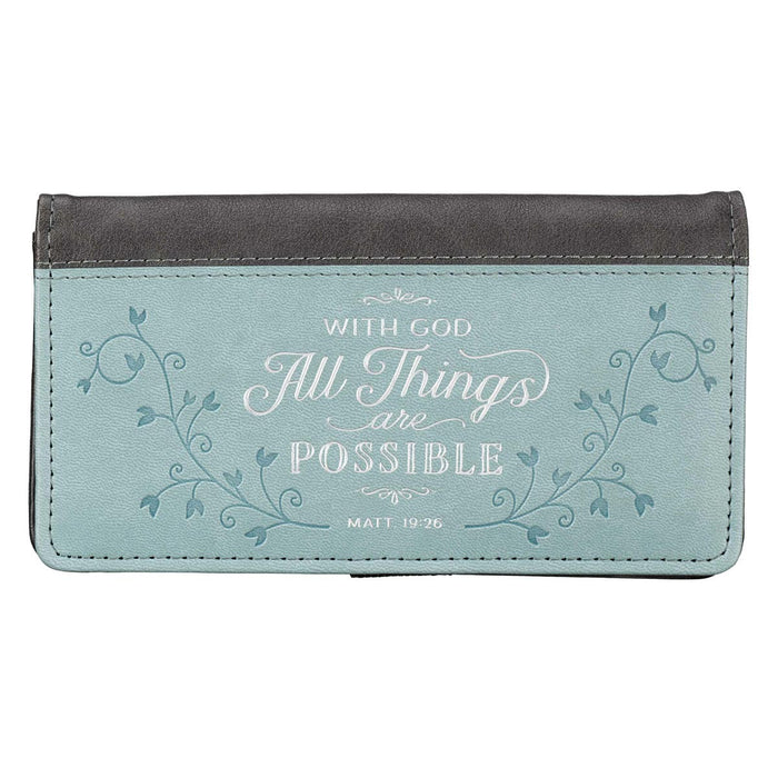 All Things Are Possible Faux Leather Checkbook Cover in Light Blue - Matthew 19:26
