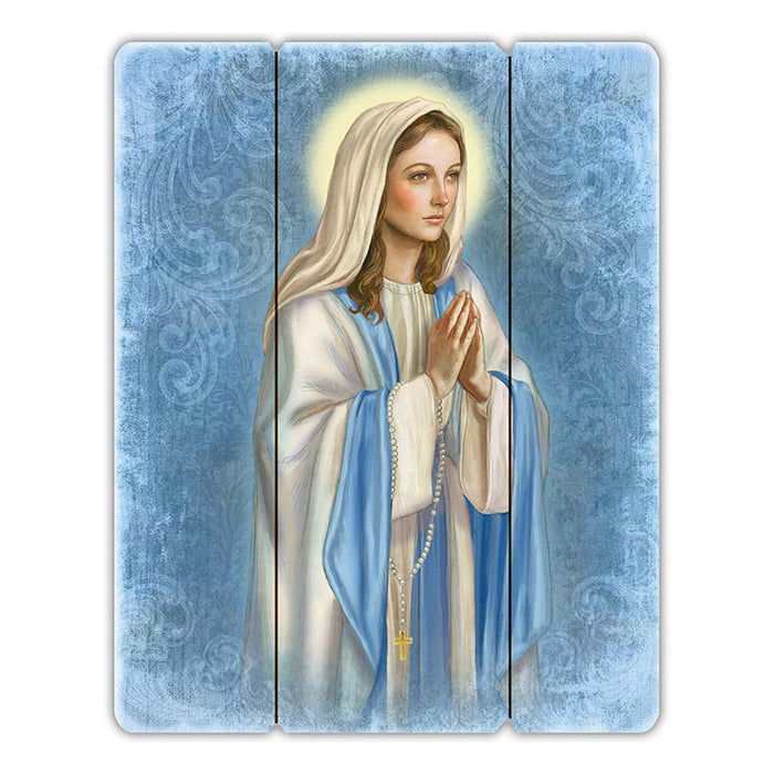 Our Lady of the Rosary Wood Panel Plaque 12x15