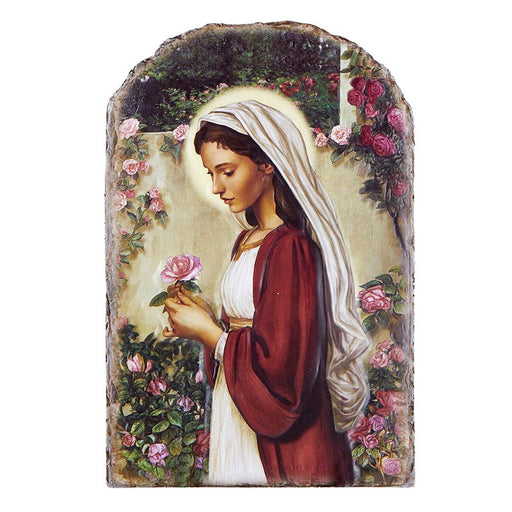 Madonna of the Roses Arched Tile Plaque w/ Wire Stand