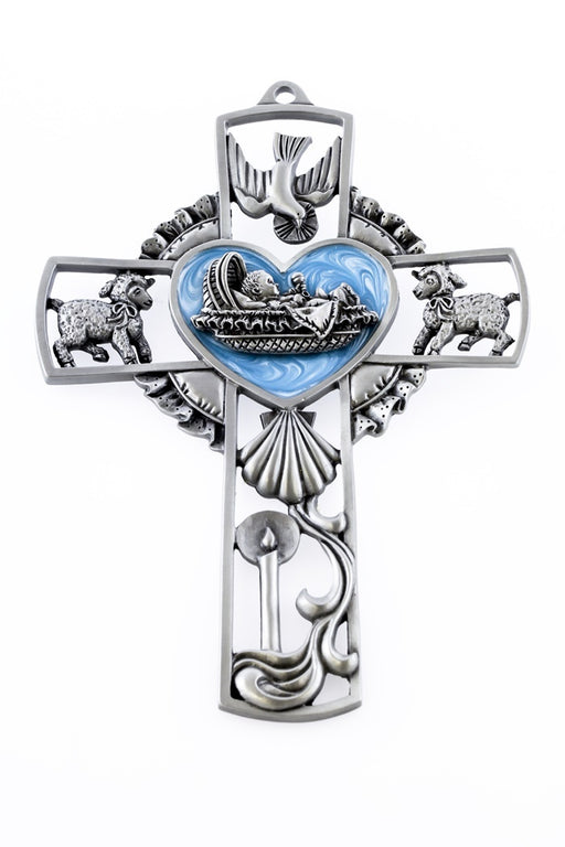 Pewter Baby Wall Cross - Blue