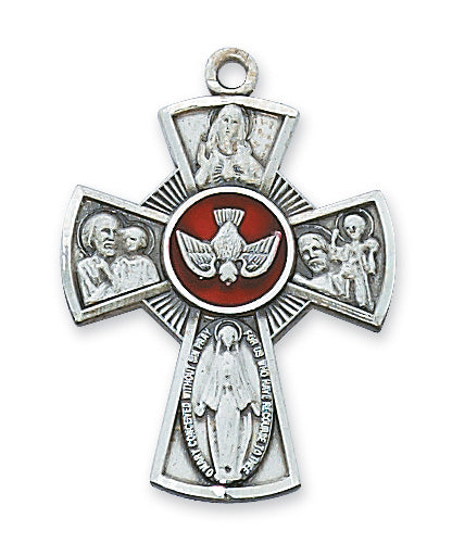 Four Way Cross w/ Red Enamel and 18" Chain - Sterling Silver