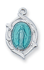 Miraculous Medal w/ Blue Enamel and 16" Chain - Sterling Silver