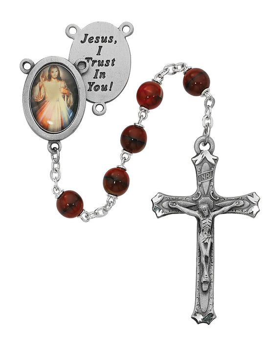 Rosary 7MM Red Beads Divine Mercy Center and Pewter Crucifix