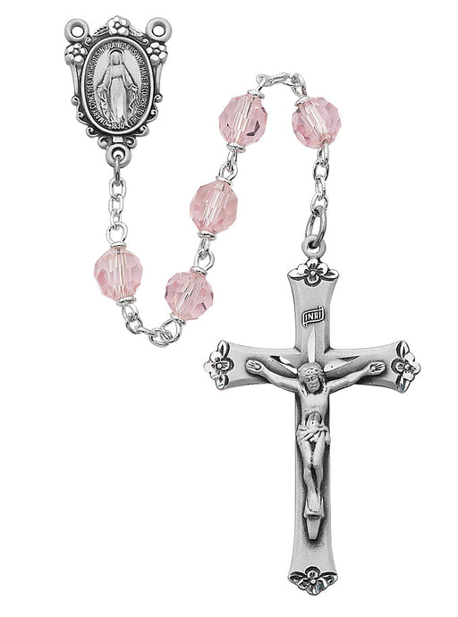 Rosary 7MM Tin Cut Pink Beads w/ Sterling Crucifix