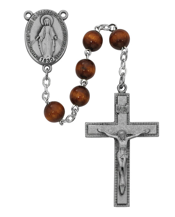 Rosary 7mm Brown Wood Beads w/ Sterling Crucifix and Center