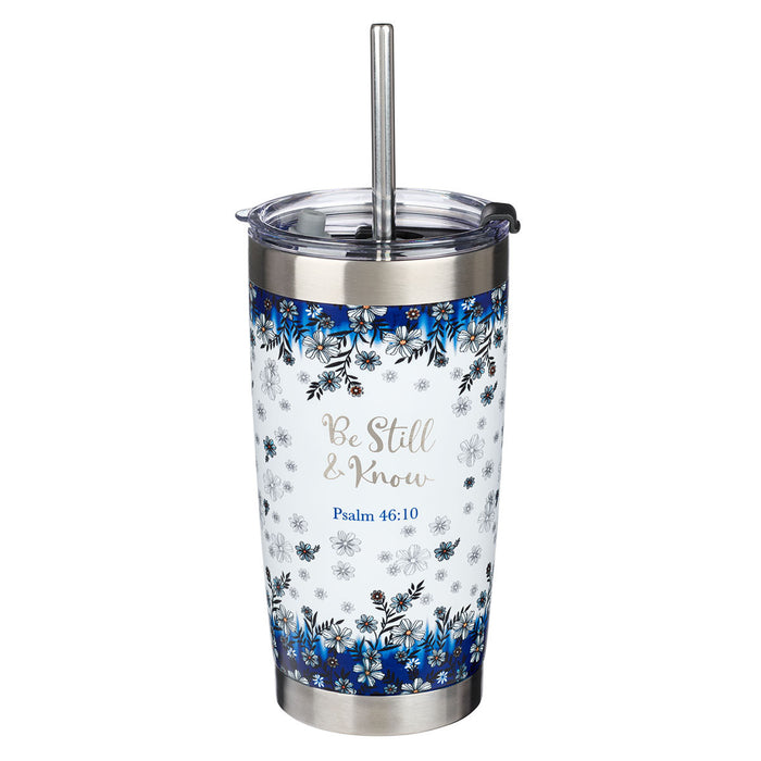 Be Still & Know Blue Floral Stainless Steel Tumbler with Reusable Stainless Steel Straw