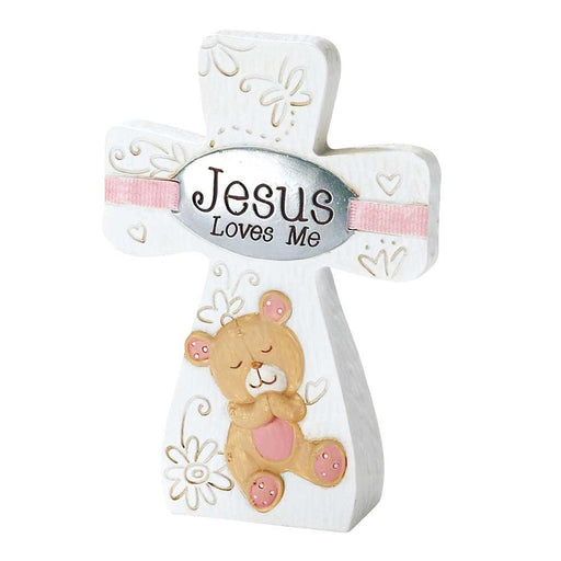 Jesus Loves Me Bear Standing Cross (Pink)