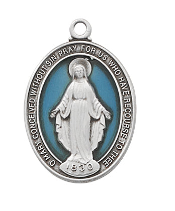 Miraculous Medal w/ Blue Enamel and 18" Chain - Sterling Silver