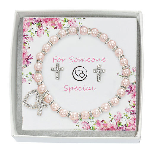 Pink Pearl Bracelet and Crystal Earrings Set