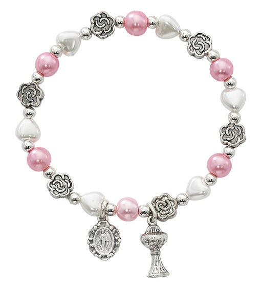 First Communion White & Pink Pearl Bracelet w/ Miraculous Medal