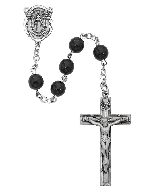 Rosary 7mm Black Glass Beads w/ Sterling Crucifix and Center