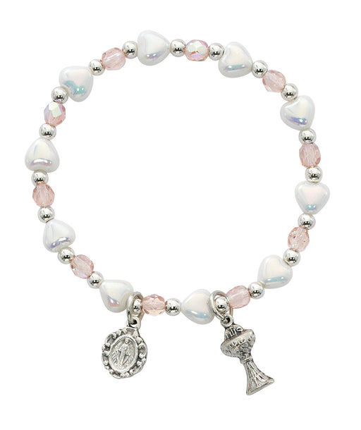First Communion Pink & White Heart Bracelet w/ Miraculous Medal