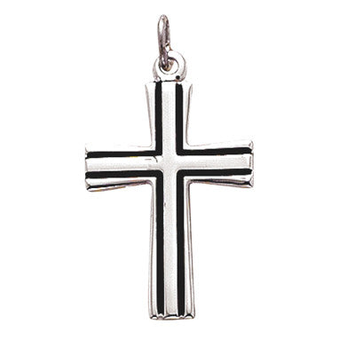 Cross Necklace w/ Black Design on 18" Chain - Sterling Silver