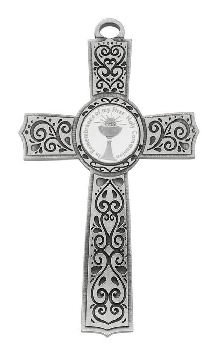 Pewter First Communion Cross with White Enamel Center 6"