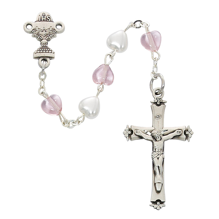 Pink and White Heart 6mm Communion Rosary