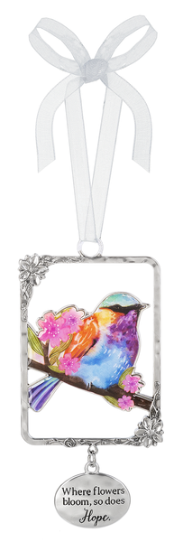 Silver/Enamel Bird Ornament - Where Flowers Bloom, So Does Hope